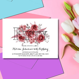 Invitación Moda Marrón Rojo Verdor Floral 50 cumpleaños