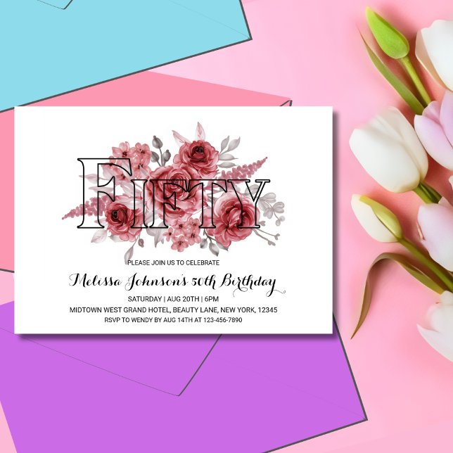 Invitación Moda Marrón Rojo Verdor Floral 50 cumpleaños (Subido por el creador)