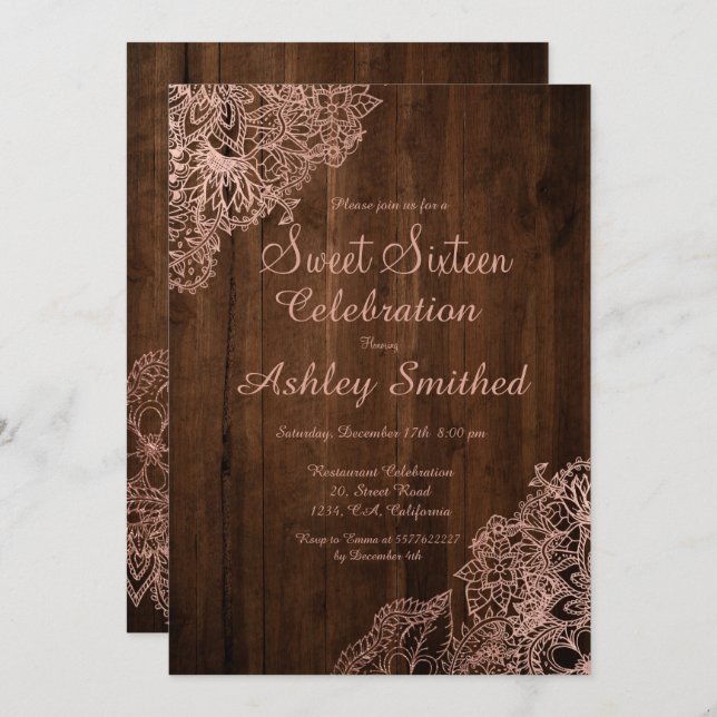 Invitación moda marrón rústico rosa dorado floral Sweet 16 (Anverso / Reverso)