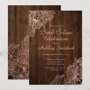 Invitación moda marrón rústico rosa dorado floral Sweet 16