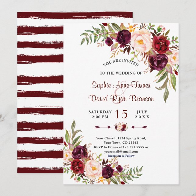 Invitación Moda Marsala Floral Burgundy Stripes Boda (Anverso / Reverso)