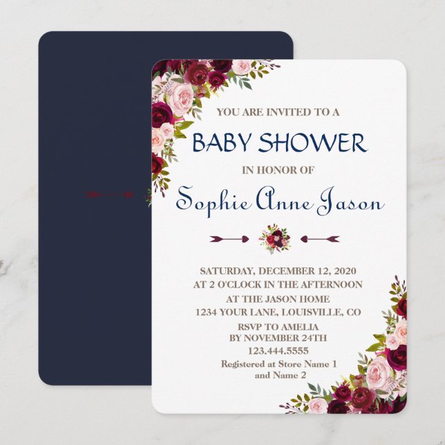 Invitación Moda Marsala Floral Fall Navy Blue Baby Shower (Anverso / Reverso)