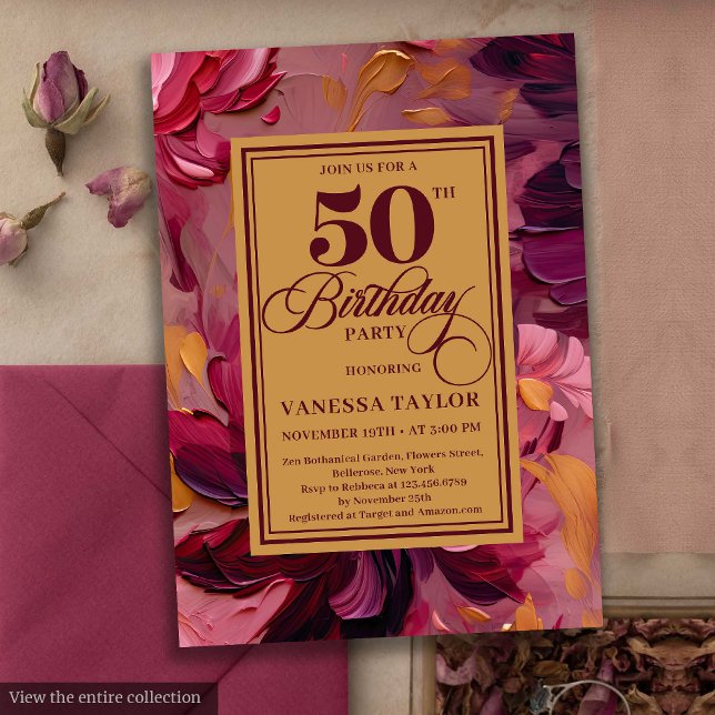 Invitación Moda marsala floral oro rubio 50 cumpleaños (Chic marsala blush gold floral 50th birthday invitation

)