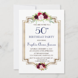 Invitación Moda Marsala Marina Floral Oro Azul 50 cumpleaños