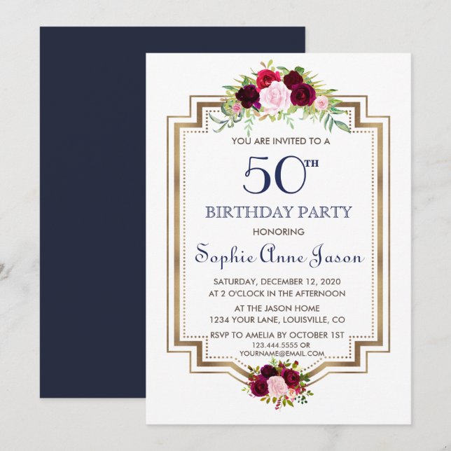 Invitación Moda Marsala Marina Floral Oro Azul 50 cumpleaños (Anverso / Reverso)