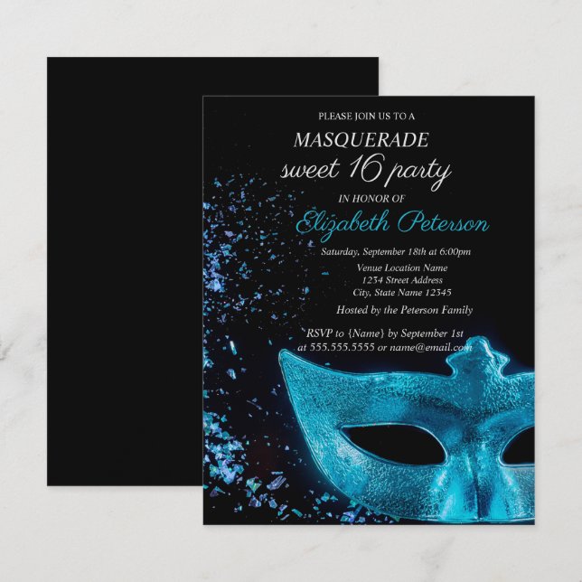 Invitación Moda Mascarada Azul Masque Negro Dulce 16 (Anverso / Reverso)