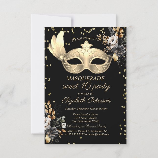 Invitación Moda Masque Diamantes Rosas negros Dulce 16 (Anverso)