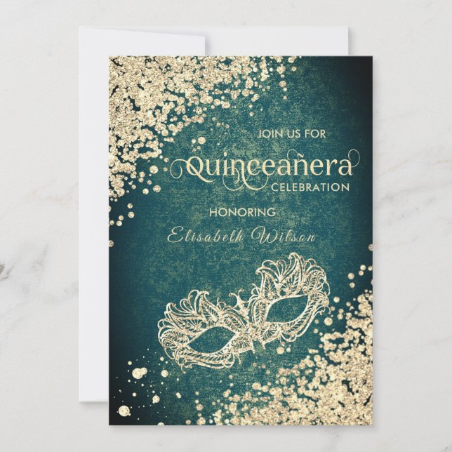Invitación Moda Masquerade diamante de lujo Quinceañera verde (Anverso)