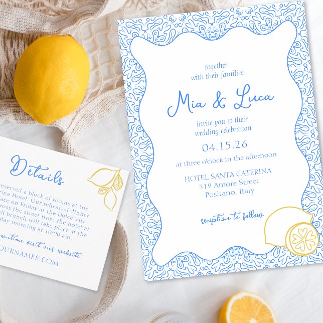 Invitación Moda Mediterráneo Lemon Blue Tile Boda italiano (Luxe Italian wedding invitation featuring a lemon detail, perfect for a Mediterranean celebration.)