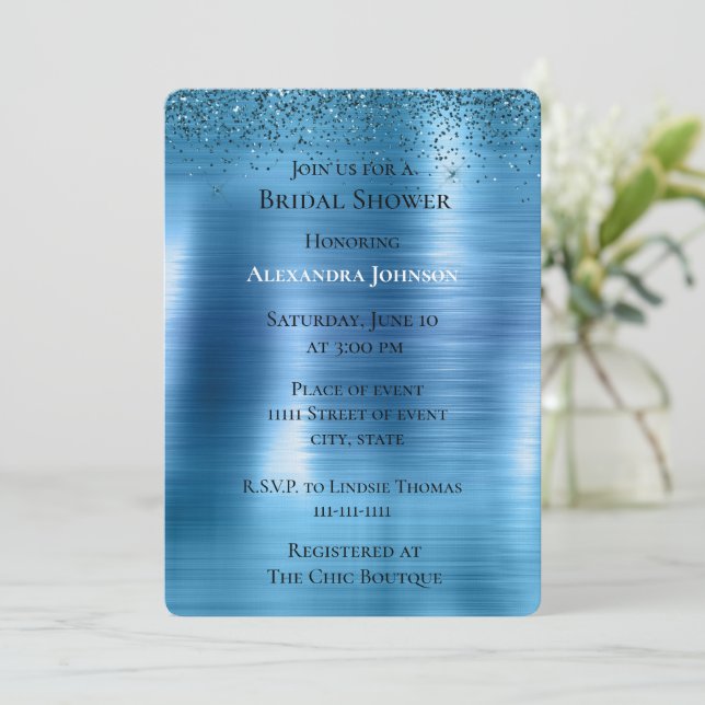 Invitación Moda Metálica Aqua Blue Purpurina Bridal Shower (Anverso de pie)