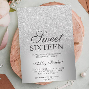 Invitación Moda metálica oscura purpurina plateado Dulce 16