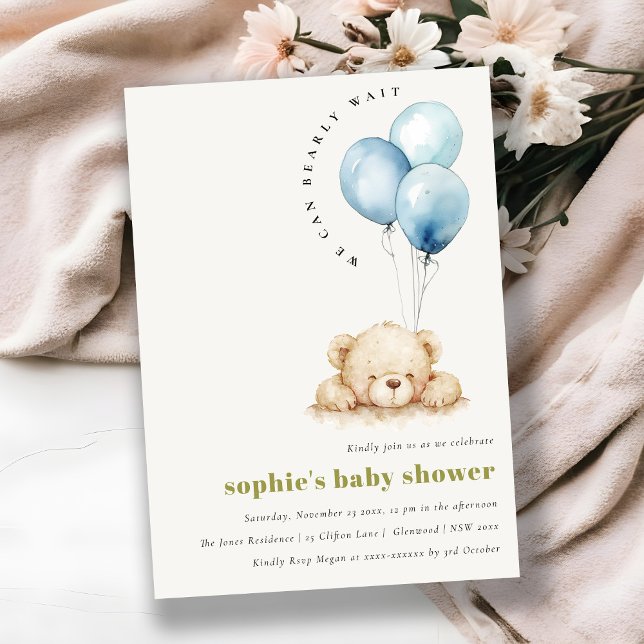 Invitación Moda mínima Blue Bearly Wait Balloon Baby Shower (Subido por el creador)