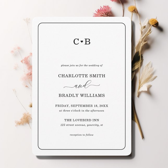 Invitación Moda mínima Boda de borde redondo negro y blanco (Subido por el creador)