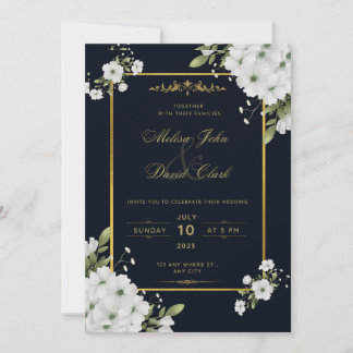 Invitación Moda mínima floral negra y dorada