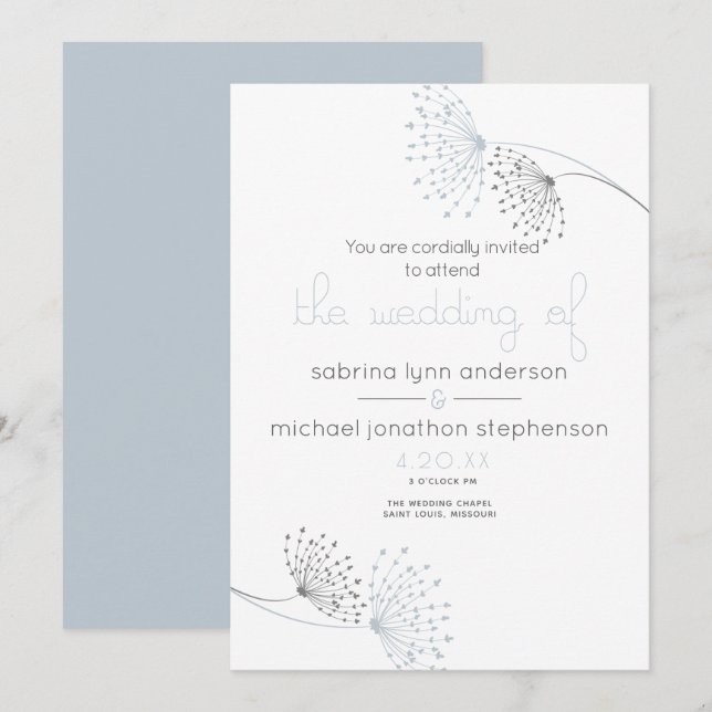 Invitación Moda mínima Flores azul turbias y de carbón vegeta (Anverso / Reverso)