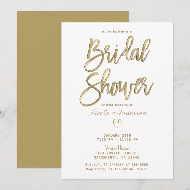 Invitación Moda mínima moderna blanca y dorada Ducha nupcial (Anverso / Reverso)