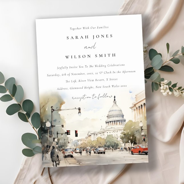 Invitación Moda Mínima Washington DC, Boda de acuarela de EE. (Subido por el creador)