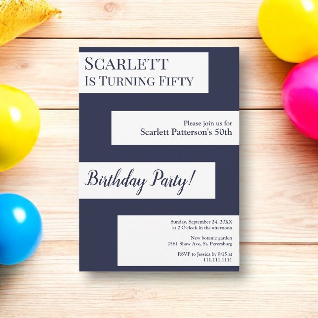 Invitación Moda minimalista azul blanco elegante 50 cumpleaño (Subido por el creador)