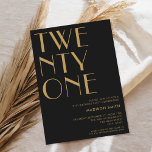 Invitación Moda Minimalista de oro negro moderno<br><div class="desc">Invitación moderna de 21 años con elegante tipografía de moda y diseño minimalista en color oro negro.</div>