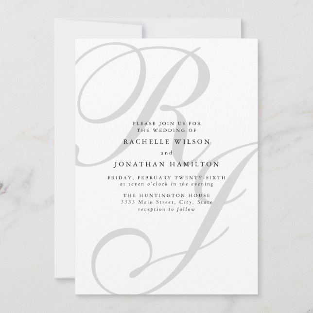 Invitación Moda Mínimo Boda Monograma Blanco Negro (Anverso)