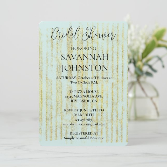 Invitación Moda Mint Glam Gold Stripes Bridal Shower (Anverso de pie)