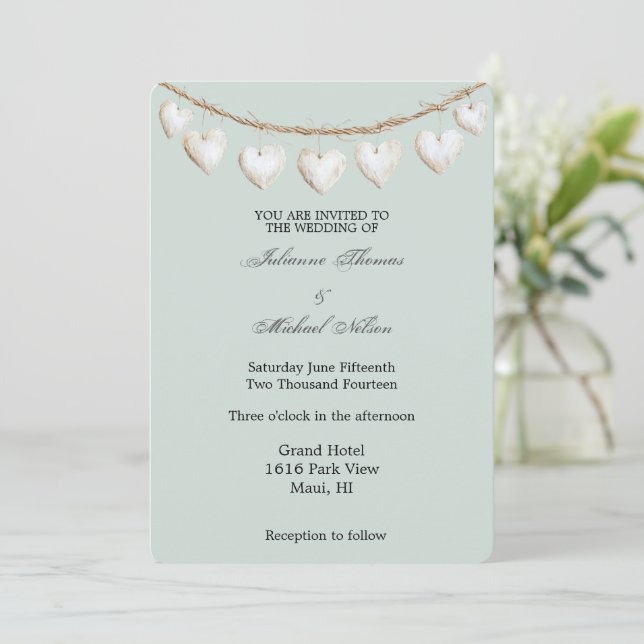 Invitación Moda Mint Green White Hearts Boda (Anverso de pie)