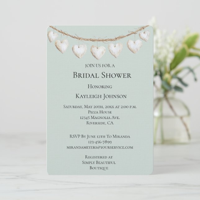 Invitación Moda Mint Green White Hearts Bridal Shower (Anverso de pie)