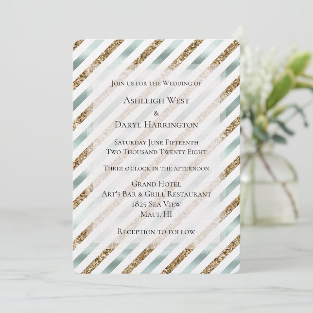 Invitación Moda Mint Purpurina de oro blanco Stripes Boda (Anverso de pie)
