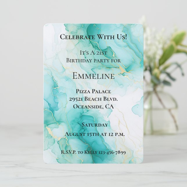 Invitación Moda Mint White Gold Cumpleaños (Anverso de pie)