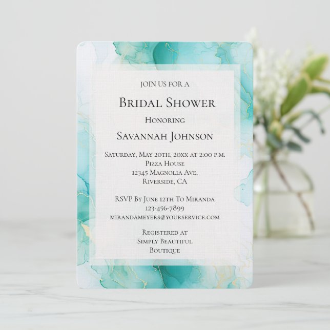 Invitación Moda Mint White Gold Marble Bridal Shower (Anverso de pie)