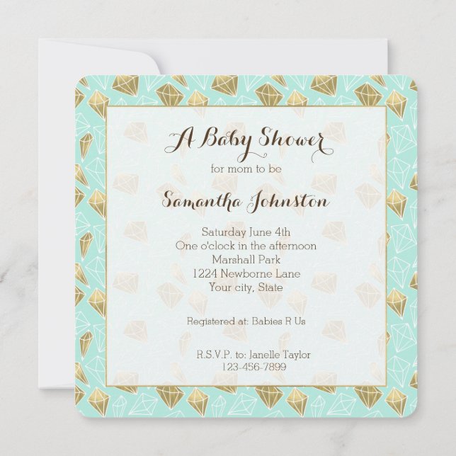 Invitación Moda Mint y Gold Diamonds Baby Shower (Reverso)