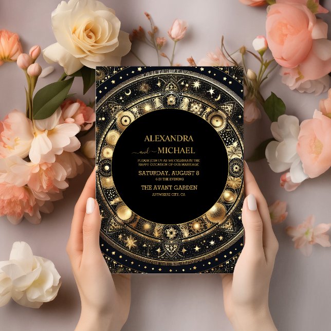 Invitación Moda mística Boda de luna de oro negro (Subido por el creador)
