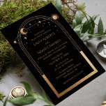 Invitación Moda mística Espacio Astronómico Black Gold Star M<br><div class="desc">Mystical Moda Black Gold Star Moon Astronomy Space Wedding Invitation presenta sol dorado,  luna y estrellas con un marco dorado sobre un fondo negro. Adentro está tu información de invitación de boda personalizada. Personalice editando el texto en los cuadros de texto. Diseñado por Evco Studio www.zazzle.com/store/evcostudio</div>