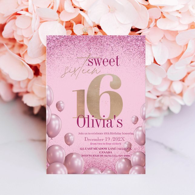 Invitación Moda moderna 16.º Purpurina de globos rosados de c (Subido por el creador)