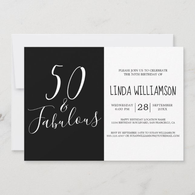 Invitación Moda moderna 50 Fabuloso blanco negro 50 cumpleaño (Anverso)