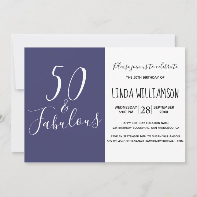 Invitación Moda moderna 50 Fabuloso Navy Blue 50 cumpleaños (Anverso)