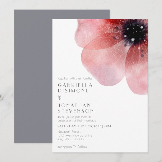 Invitación Moda moderna acuarela Rubor Boda gris de amapola (Anverso / Reverso)