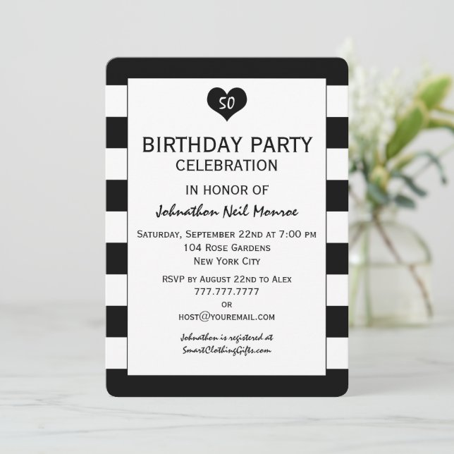 Invitación Moda moderna Bandas negras y blancas Cumpleaños (Anverso de pie)
