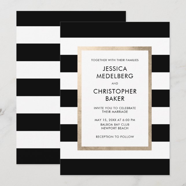 Invitación Moda moderna Black Stripe Rosa Boda de oro (Anverso / Reverso)