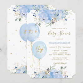 Invitación Moda moderna Blue Floral Balloons Boy Baby Shower