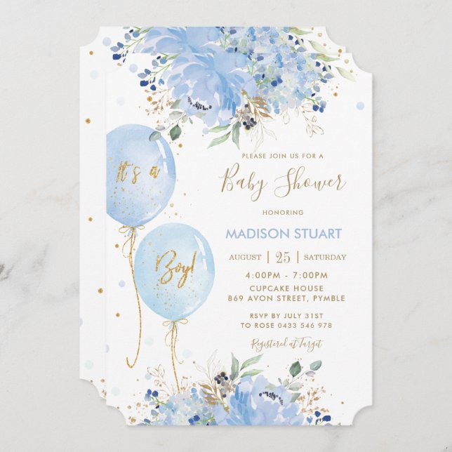 Invitación Moda moderna Blue Floral Balloons Boy Baby Shower  (Anverso / Reverso)