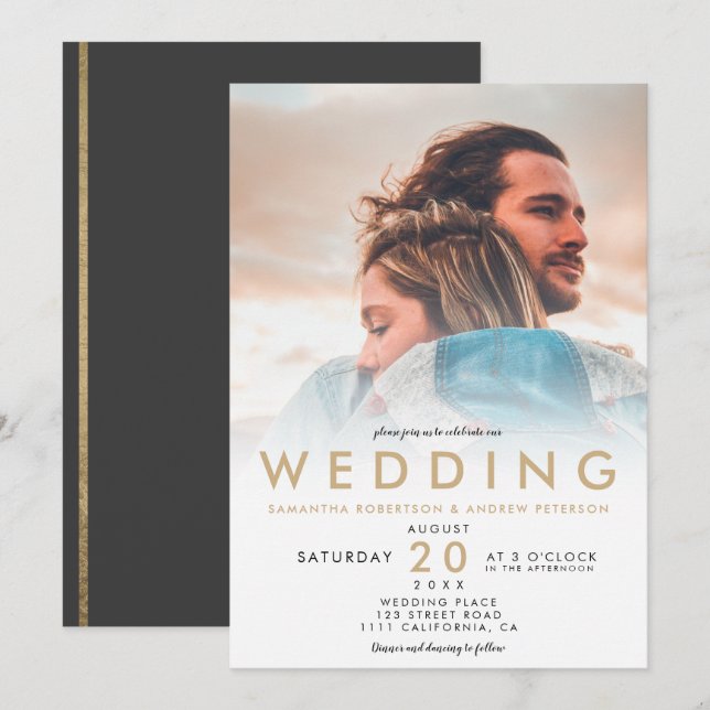 Invitación Moda moderna boda de fotos simple y dorado blanco (Anverso / Reverso)