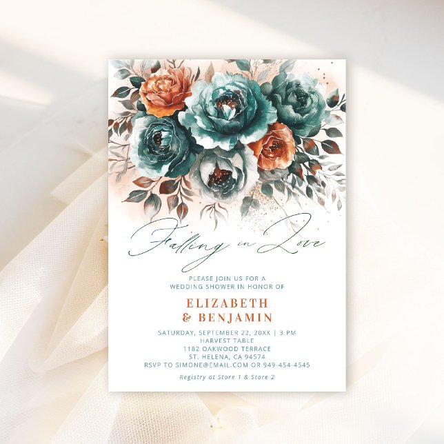 Invitación Moda moderna Boda ducha de novias (falling in love wedding shower invitation teal burnt orange terracotta floral elegant modern romance)