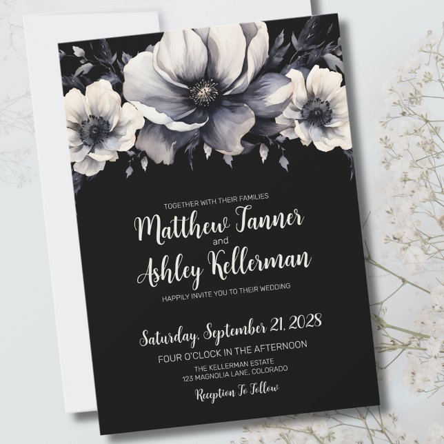 Invitación Moda moderna Boda floral negra moderna (Chic Trendy Modern Black White Floral Wedding Invitation)