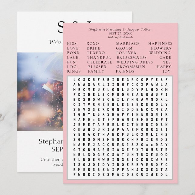 Invitación Moda moderna Boda rosa Búsqueda de palabras Guarda (Anverso / Reverso)