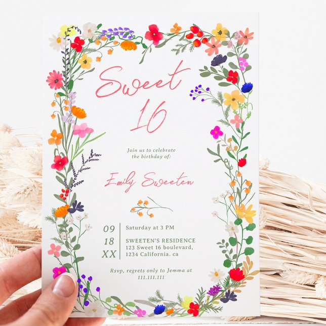 Invitación Moda moderna boho flores silvestres brillantes Swe (Modern chic boho bright wild flowers Sweet 16 Invitation)
