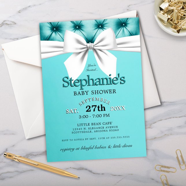 Invitación Moda moderna Bow Aqua Blue Tiffany Baby Shower (elegant tiffany theme baby shower with tufted background, white bow and modern typography)