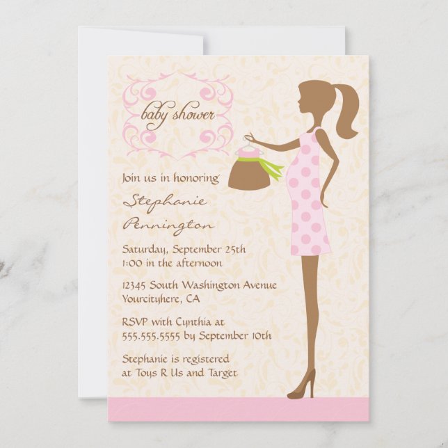Invitación moda moderna con ducha de bebé rosa y marrón (Anverso)
