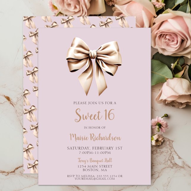 Invitación Moda moderna Coqueta morada dulce dulce 16 (Chic Lilac Coquette Bow Sweet 16, Sweet Sixteen 16th Birthday, Classic, Trendy, Modern, Script, Bows)