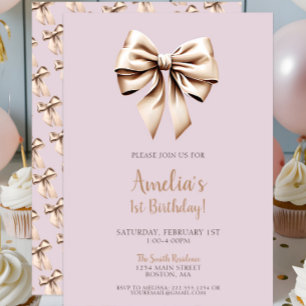 Invitación Moda moderna Coqueta púrpura Bow 1º cumpleaños